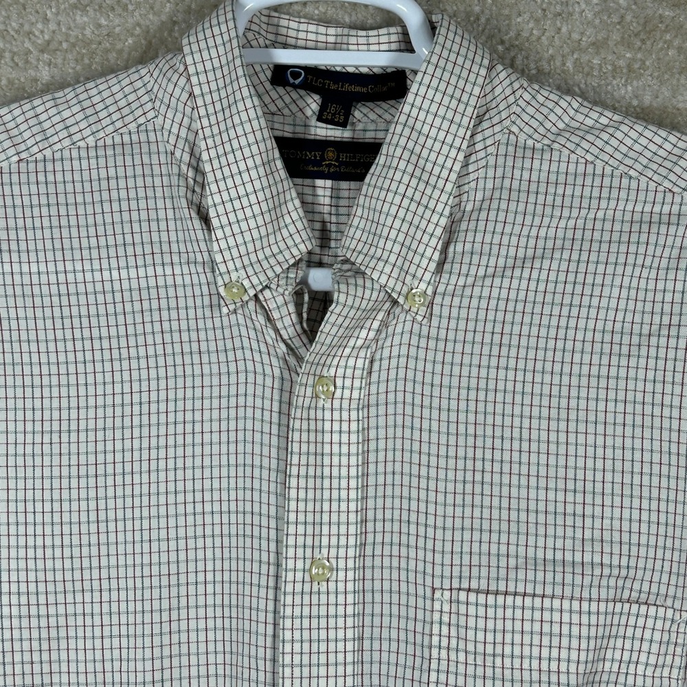 Tommy Hilfiger Mens Preppy Dark Academia Grid Button Down Shirt 16.5 34/35 White